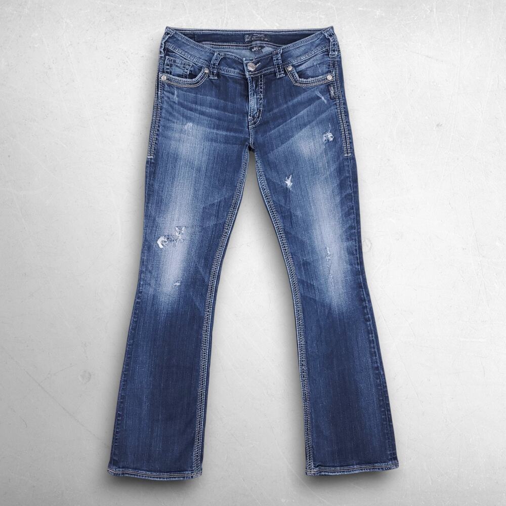 Silver Suki Surplus Bootcut Jeans Womens 31 Blue Thick Stitch Distressed Cowgirl